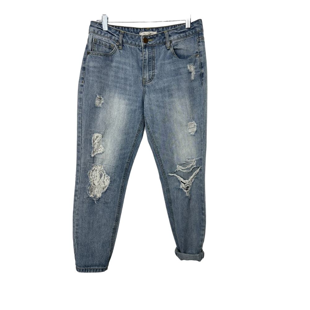 Life in Progress Light Rinse Distressed High-Waist Lace Patch Jeans Women's 26